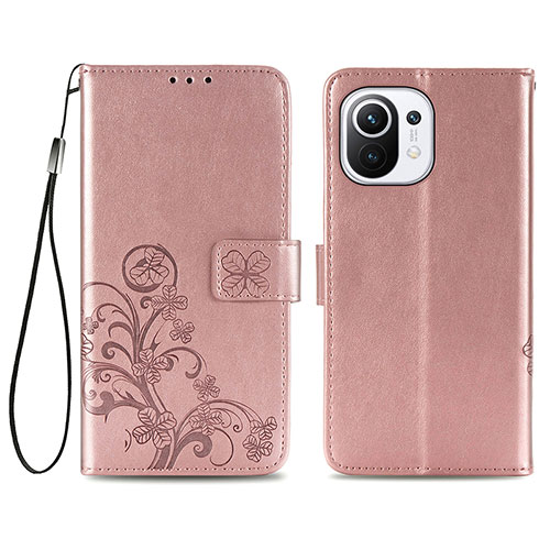 Leather Case Stands Flip Flowers Cover Holder for Xiaomi Mi 11 Lite 4G Pink