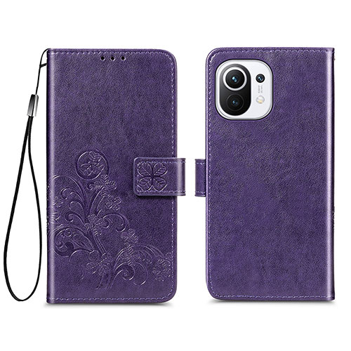 Leather Case Stands Flip Flowers Cover Holder for Xiaomi Mi 11 Lite 4G Purple