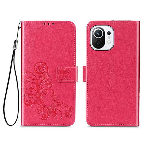 Leather Case Stands Flip Flowers Cover Holder for Xiaomi Mi 11 Lite 4G Red