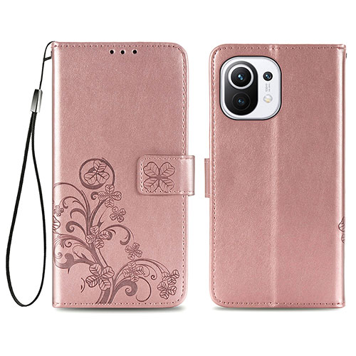 Leather Case Stands Flip Flowers Cover Holder for Xiaomi Mi 11 Lite 5G NE Pink