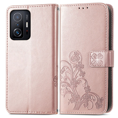 Leather Case Stands Flip Flowers Cover Holder for Xiaomi Mi 11T Pro 5G Pink