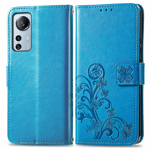 Leather Case Stands Flip Flowers Cover Holder for Xiaomi Mi 12 5G Blue