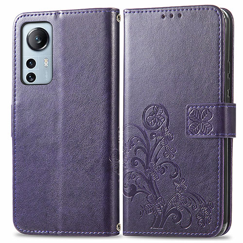 Leather Case Stands Flip Flowers Cover Holder for Xiaomi Mi 12 5G Purple