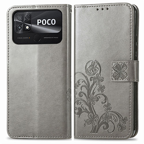 Leather Case Stands Flip Flowers Cover Holder for Xiaomi Poco C40 Gray