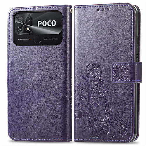 Leather Case Stands Flip Flowers Cover Holder for Xiaomi Poco C40 Purple