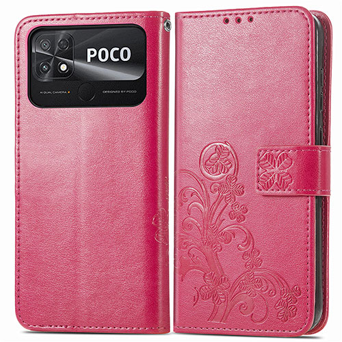 Leather Case Stands Flip Flowers Cover Holder for Xiaomi Poco C40 Red