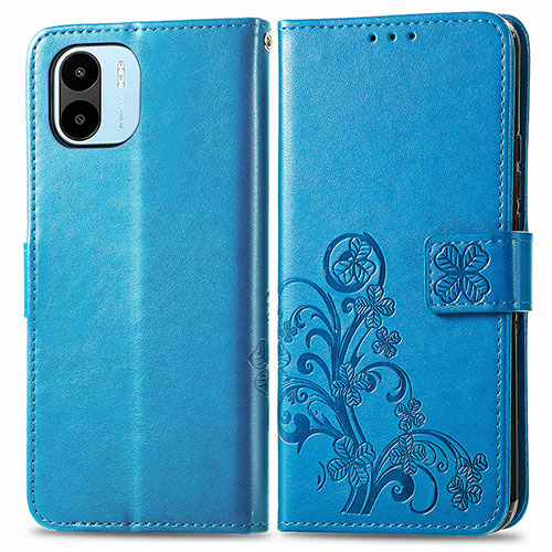 Leather Case Stands Flip Flowers Cover Holder for Xiaomi Poco C50 Blue