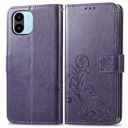 Leather Case Stands Flip Flowers Cover Holder for Xiaomi Poco C50 Purple