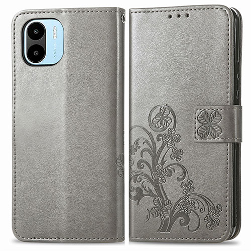 Leather Case Stands Flip Flowers Cover Holder for Xiaomi Poco C51 Gray