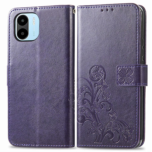 Leather Case Stands Flip Flowers Cover Holder for Xiaomi Poco C51 Purple