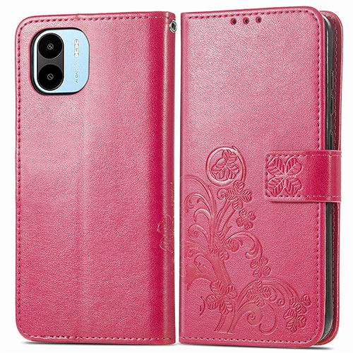 Leather Case Stands Flip Flowers Cover Holder for Xiaomi Poco C51 Red