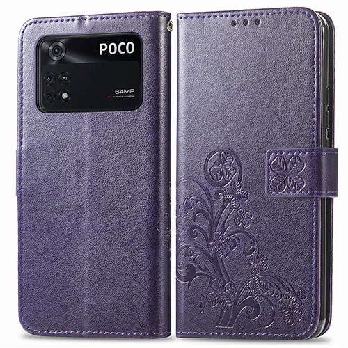 Leather Case Stands Flip Flowers Cover Holder for Xiaomi Poco M4 Pro 4G Purple