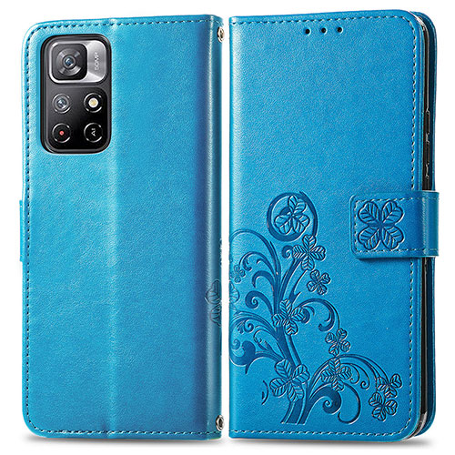 Leather Case Stands Flip Flowers Cover Holder for Xiaomi Poco M4 Pro 5G Blue