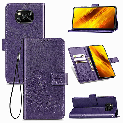 Leather Case Stands Flip Flowers Cover Holder for Xiaomi Poco X3 NFC Purple