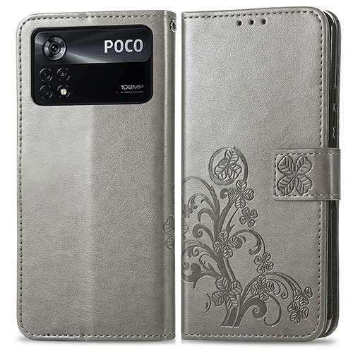 Leather Case Stands Flip Flowers Cover Holder for Xiaomi Poco X4 Pro 5G Gray