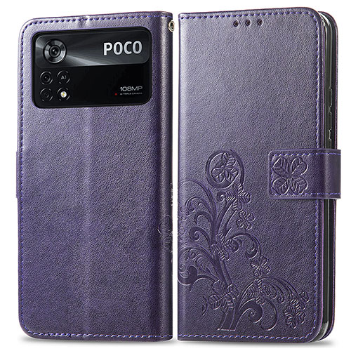 Leather Case Stands Flip Flowers Cover Holder for Xiaomi Poco X4 Pro 5G Purple