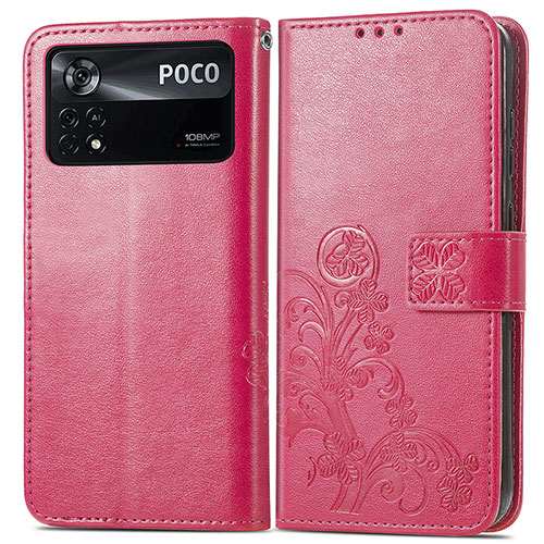 Leather Case Stands Flip Flowers Cover Holder for Xiaomi Poco X4 Pro 5G Red