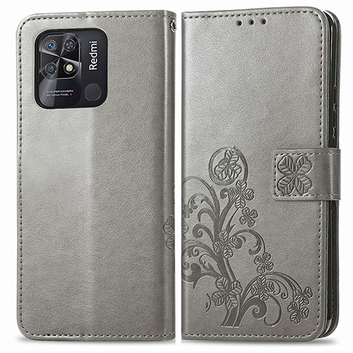 Leather Case Stands Flip Flowers Cover Holder for Xiaomi Redmi 10 India Gray