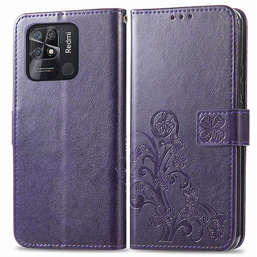 Leather Case Stands Flip Flowers Cover Holder for Xiaomi Redmi 10 India Purple