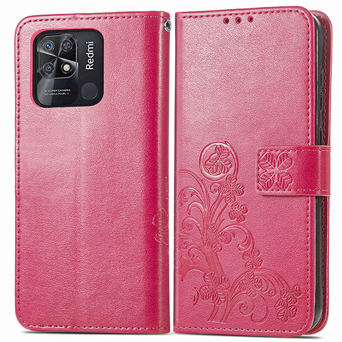 Leather Case Stands Flip Flowers Cover Holder for Xiaomi Redmi 10C 4G Red