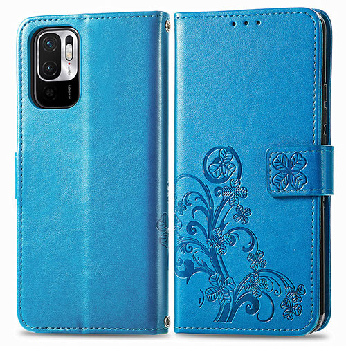 Leather Case Stands Flip Flowers Cover Holder for Xiaomi Redmi Note 10 5G Blue