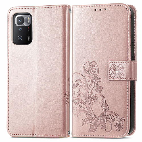 Leather Case Stands Flip Flowers Cover Holder for Xiaomi Redmi Note 10 Pro 5G Pink