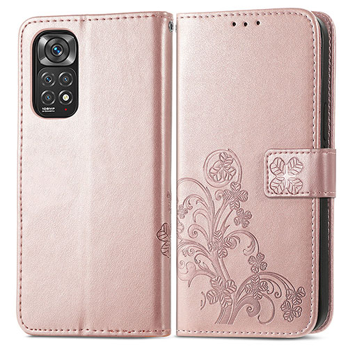 Leather Case Stands Flip Flowers Cover Holder for Xiaomi Redmi Note 11 4G (2022) Pink