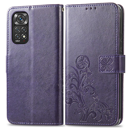 Leather Case Stands Flip Flowers Cover Holder for Xiaomi Redmi Note 11 4G (2022) Purple