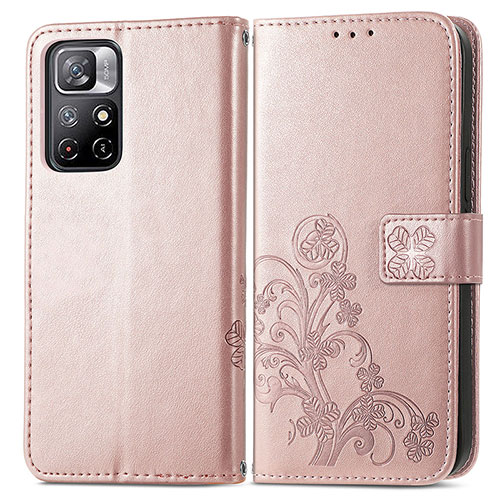 Leather Case Stands Flip Flowers Cover Holder for Xiaomi Redmi Note 11 5G Pink