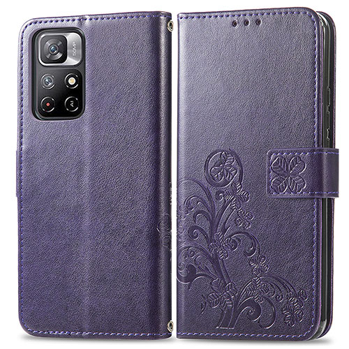 Leather Case Stands Flip Flowers Cover Holder for Xiaomi Redmi Note 11 5G Purple