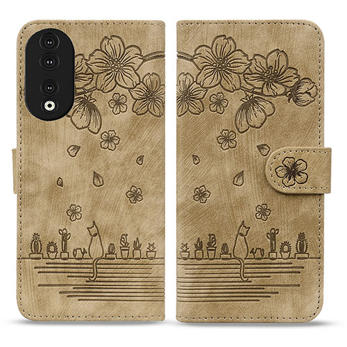 Leather Case Stands Flip Flowers Cover Holder HF1 for Huawei Honor 90 5G Brown