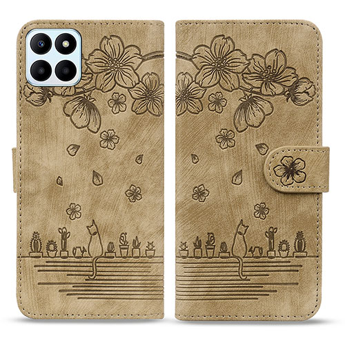 Leather Case Stands Flip Flowers Cover Holder HF1 for Huawei Honor X6a Brown