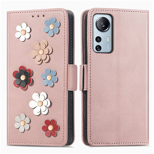 Leather Case Stands Flip Flowers Cover Holder L01 for Xiaomi Mi 12S 5G Rose Gold