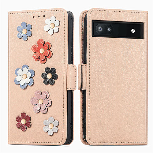 Leather Case Stands Flip Flowers Cover Holder S02D for Google Pixel 6a 5G Khaki