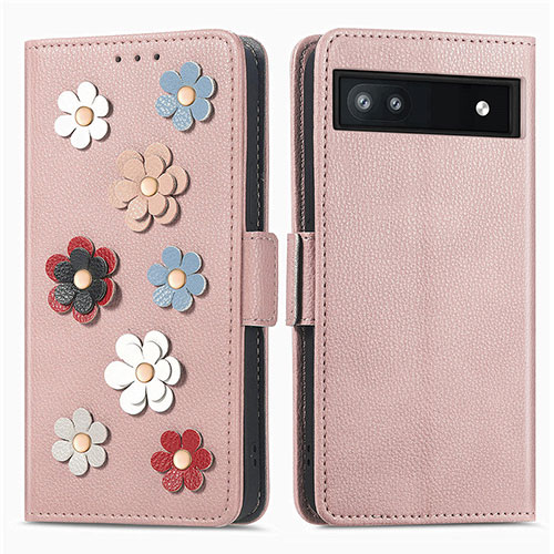 Leather Case Stands Flip Flowers Cover Holder S02D for Google Pixel 6a 5G Rose Gold