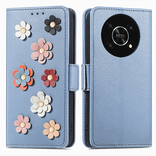 Leather Case Stands Flip Flowers Cover Holder S02D for Huawei Enjoy 50 Pro Blue