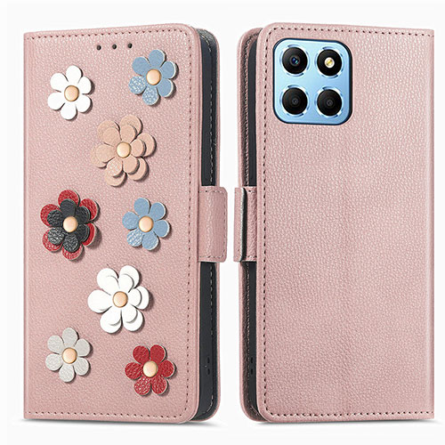 Leather Case Stands Flip Flowers Cover Holder S02D for Huawei Honor 70 Lite 5G Rose Gold