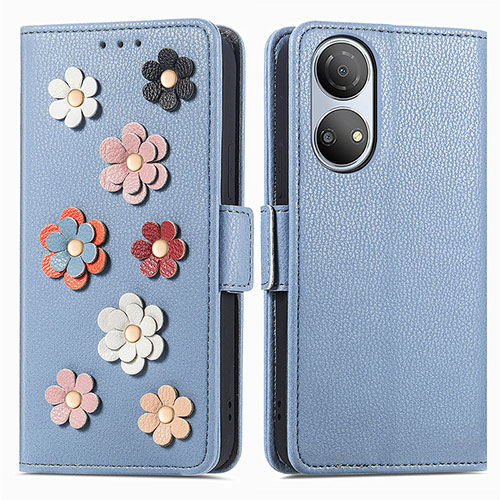 Leather Case Stands Flip Flowers Cover Holder S02D for Huawei Honor X7 Blue