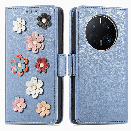 Leather Case Stands Flip Flowers Cover Holder S02D for Huawei Mate 50 Pro Blue