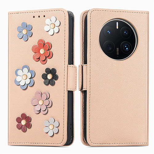 Leather Case Stands Flip Flowers Cover Holder S02D for Huawei Mate 50 Pro Khaki