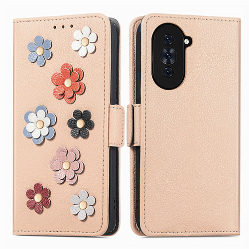 Leather Case Stands Flip Flowers Cover Holder S02D for Huawei Nova 10 Khaki