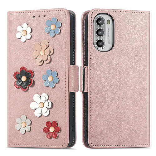 Leather Case Stands Flip Flowers Cover Holder S02D for Motorola Moto Edge (2022) 5G Rose Gold