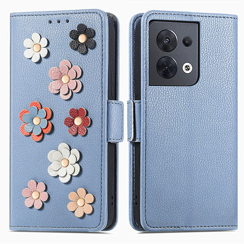 Leather Case Stands Flip Flowers Cover Holder S02D for Oppo Reno8 5G Blue