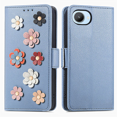 Leather Case Stands Flip Flowers Cover Holder S02D for Realme C30s Blue