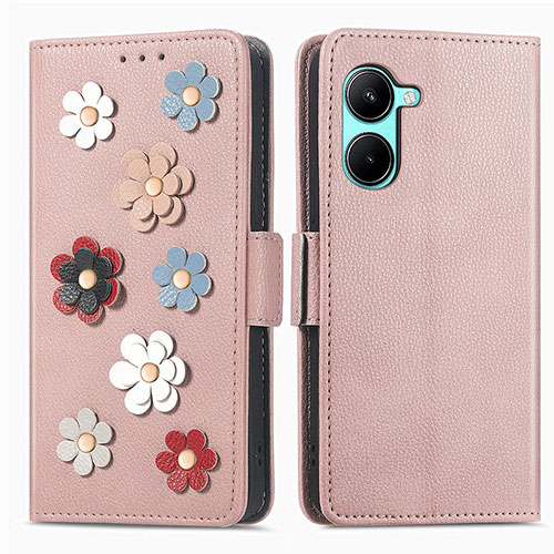 Leather Case Stands Flip Flowers Cover Holder S02D for Realme C33 (2023) Rose Gold