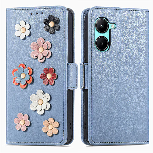 Leather Case Stands Flip Flowers Cover Holder S02D for Realme C33 Blue