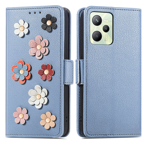 Leather Case Stands Flip Flowers Cover Holder S02D for Realme Narzo 50A Prime Blue