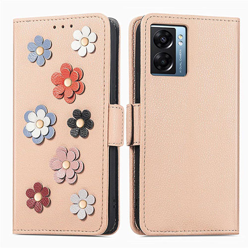 Leather Case Stands Flip Flowers Cover Holder S02D for Realme Q5i 5G Khaki