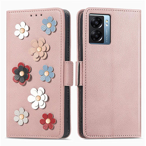 Leather Case Stands Flip Flowers Cover Holder S02D for Realme Q5i 5G Rose Gold