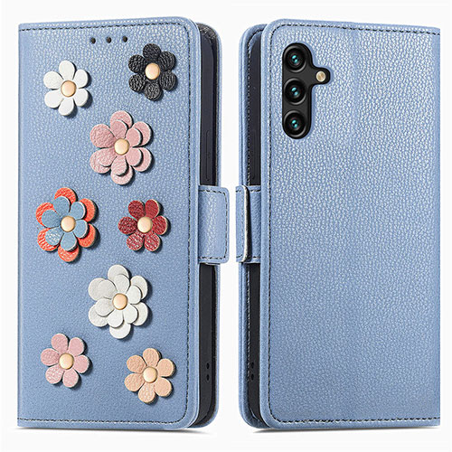 Leather Case Stands Flip Flowers Cover Holder S02D for Samsung Galaxy A04s Blue